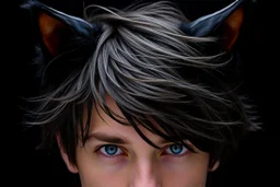 A man with messy black hair, black cat ears on his head, blue eyes.