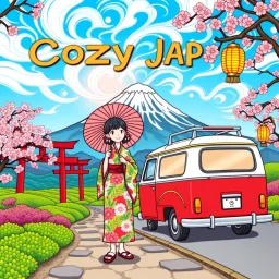 Create a book cover for Cozy Japan Coloring Book featuring a joyful Japanese girl in a brightly patterned yukata, standing beside a retro travel van during a scenic road trip. She holds a colorful paper parasol, her hair adorned with blooming sakura flowers. The backdrop includes a vibrant view of Mount Fuji under a brilliant blue sky, with swirling clouds, pink cherry blossoms, and fields of green tea bushes. Red torii gates line the path, and glowing lanterns hang from trees, casting golden li