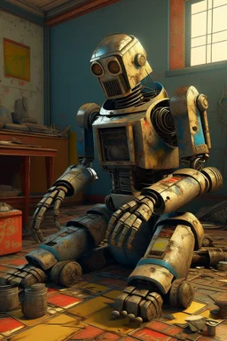 "A very old paints cracked dirty abandoned Robot sitting on the floor playing and old cracked accordion, insanely detailed octane render trending on artstation, 8k artistic photography, photorealistic concept art, soft natural volumetric cinematic perfect light, chiaroscuro, award-winning photograph, masterpiece, oil on canvas, Raphael, Caravaggio, Greg Rutkowski, people, beksinski, Giger