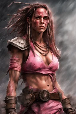 Amy Jo Johnson as pink Rangers power rangers , Very muscular woman with long dreadlocks and tribal tattoos in barbarian clothes with bronze axe in abandoned village, realistic face, close-up, brutal, dark fantasy, smoke in the sky, lightnings, rain, intricate details, hyper detailed, Jean Baptiste Monge, Carne Griffiths, Michael Garmash, seb mckinnon ,