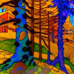Autumn colors, peaceful, Egon Schiele, Max Ernst, night sky filled with galaxies and stars, rocks, trees, flowers, one-line drawing, sharp focus, 8k, deep 3d field, intricate, ornate, one million strokes. strong colors
