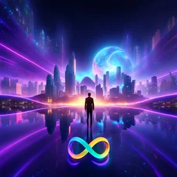 3D infinity symbol ∞, infinity figure-of-eight symbol is totally-symmetrical and brightly coloured, man silhouette facing epic scene of building, glowing earth, water, network and lights, exotic, inspiring, fantasy, neon, friendly, beautiful, octane render, 8k post-production, artstation: award-winning: atmospheric: commanding: fantastical: clarity: 16k: ultra quality: striking: brilliance: liquid medium: stunning colors: amazing depth; lens: f/8, 28mm