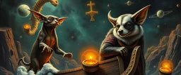 gremlin dog bison badger star ship captain in the style of Rembrandt and Escher and Goa Trance Poster