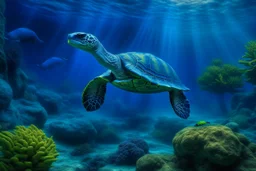 An indigo underwater reef with sea turtles designed in Maori sculptures painted by George Inness