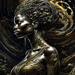 beautiful african woman, Black ink flow, 8k resolution, photorealistic masterpiece by Aaron Horkey and Jeremy Mann, intricately detailed fluid gouache painting by Jean Baptiste, professional photography, natural lighting, volumetric lighting, maximalist, 8k resolution, concept art, intricately detailed, complex, elegant, expansive, fantastical, cover, brass and chrome tones