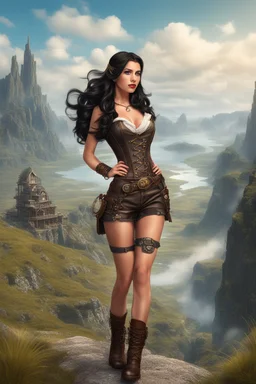 Photorealistic full-height photo of a fantasy skinny pin-up girl in steampunk shorts with long, dark hair, in a fantasy landscape