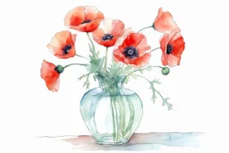 Sketchy sharp line wet watercolour of a vase of poppies