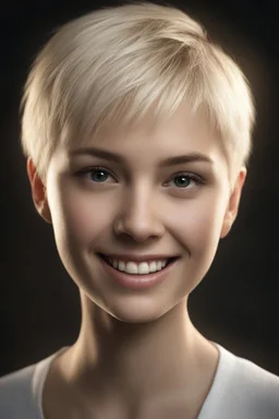 Chiaroscuro lighting, deep shadows, rich deep colors, facial portraits, 8K Ultra-HD, Hyper Realistic, Photorealistic, Realistic, focused, Clear, Extremely Detailed, beautiful, Cinematic, proportionate, full color, headshot image of a smiling young woman with short, pixie-cut bleach-blonde hair, tapered on the sides, wearing a pair of blue round lensed glasses, and a pink and blue button t-shirt, big happy smile, a foggy, cloudy blue background