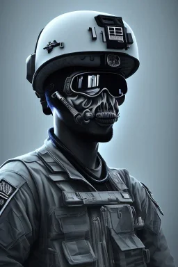 All Black American soldier, high tech skull special forces helmet, navy seals soldier, shiny platinum, white smoke, dark, rage, sorrow, high definition, ultra 8 k, volumetric lighting, blue fire, fog