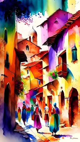 A town of the 13th century in rainbow colours and people Asians, Africans, Europeans, women, men, lgbtq, Aquarell painting, happy, love