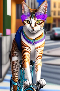 One single mature street cat, friendly, riding on a bike , sunny day, perfect iris, model style, hyper realistic, extremely accurate, delicate, extremely detailed, Graphic novel style, colours, wide-angle, open aperture, superfine pencil