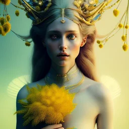 portrait photography of an ethereal beautiful animal goddess, idol, with crystal eyes, magical environment, annie leibovitz, steve mccurry, 128k photography hyper realist, hyper detailed,laying down in gras with yellow flowers for hair, closed eyes, rtx, reflection, 8k, glow, winning photography, caustics