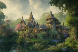 a tudor house on a hillside surrounded by jungle with a pond, blue sky, cinematic view, detailed architecture, concept art, high detail, well lit, volumetric lighting, volumetric clouds, godrays, vivid, trending on artstation, by jordan grimmer, art greg rutkowski