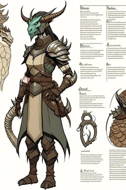 a female dragonborn inventor OC reference sheet, lightly armored