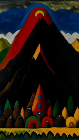 A dark brown mountain with golems designed in Kuna molas painted by Alexej von Jawlensky