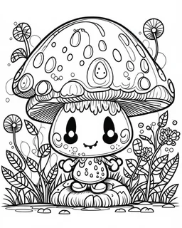 cute kawaii little mushroom person, colouring book page. simple and clean line art, children drawing book. Black and white only, crisp black lines, sharp lines, simple colouring page for adults, cartoon style, forest bushes background, black and white picture, lots of details, , Watercolor, trending on artstation, sharp focus, studio photo, intricate details, highly detailed, by greg rutkowski