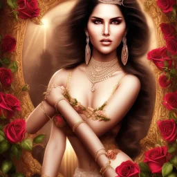 portrait borders head Princess with great bobs long hairs black eyes no top with roses actress sunny leone