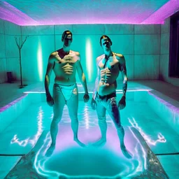 Nickolas MulLen and his boyfriend are standing above thier pool showered spa heater while in tight loincloths and Nickolas is flexing there muscles while illuminated by the ambient teal glowing on the glowing marbled floor made of long flat marble slabs, the ground next to the clinical yard is in the style of primitive art. metalworking mastery, fawncore, the immaculately composed quality of this photo shows the artist was taken with provia, detailed wildlife, isaac grünewald, rustic simplicity
