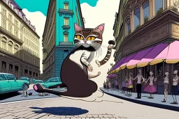 One single adult ballerina cat is dancing on the street, Vienna, graphic novel, extremely detailed, perfect iris