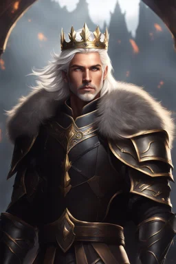 Male Tan Human, White Hair, Handsome Face, Wearing A Magical Crown, Black Heavy Armour, Dark colours theme, Dark Background, Paladin Greatsword Strapped to his Back