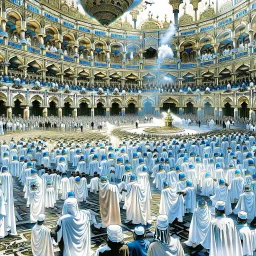 The scene in Mecca: People wearing white Ihram clothes, men without head coverings, women with veils, circumambulating around the Kaaba, and above them are transparent white spirits of children, men, and women with wings revolving around the Kaaba.