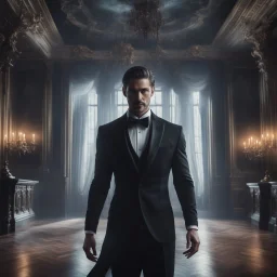 Hyper Realistic close-up-view-of-handsome-muscular-man-in-black-tuxedo dancing with a female-ghost inside a super-dark-fancy-hall-of-a-mansion with creepy flying-ghosts behind showing dramatic & cinematic ambiance