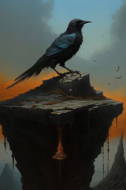 a painting of a bird on top of a rock, an ultrafine detailed painting, inspired by Zdzisław Beksiński, Artstation contest winner, metaphysical painting, burning wings, detailed crow illustration, symmetrical painting, on a pedestal