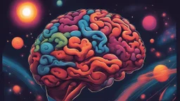 "Design a vibrant comic-styled artwork that captures the essence of a mighty brain, depicted as a tangible galactic entity. The brain itself should be intricately shaded to highlight its convoluted crevices, delicately lit by distant stars. The backdrop is to be an amalgamation of colourful swirling galaxies, with an array of vivid astronomical elements to instill a sense of cosmic vastness. The art should evoke a sense that the brain is masterfully conducting the celestial symphony of the entir