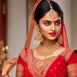 portrait of beautiful indian woman wearing red sari, deep v neck, intricate, erotic