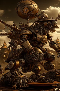 steampunk warrior robot with a big, complicated and detailed mechanical sword fighting in a battlefield with steampunk ships and planes in the background. Masterpiece, hyper detailed, details, battlefield, dramatic, dramatic lighting