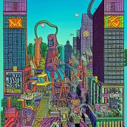 kaijus detroying a city by jim woodring