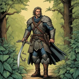 [illustration by Kevin Eastman and Peter Laird] Clad in rugged leather armor adorned with intricate leaf patterns, Chuck, a middle-aged ranger, moves with grace, his every step guided by the whispers of the wind and the rustling of the leaves. His mystic broadsword, the Verdant Edge in hand, Chuck's connection to the land runs deep, his bond with the creatures of the forest and the spirits of the earth unbreakable.