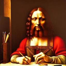 leonardo da vinci works in his study on a laptop at his desk. painting in photoshop. hyperdetailed, warm colors, movie poster, photoillustration, oil on canvas, lens flare