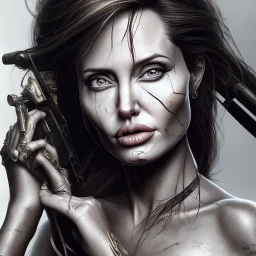 portrait Angelina Jolie gunshot long hairs big bobs Tomb Raider