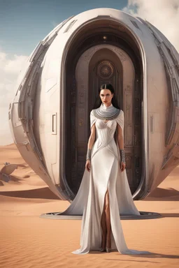 photorealistic slim woman looking and dressing like Drusilla standing at the entrance to a spaceship in a desert