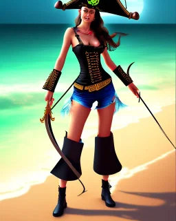 pirate girl, wearing a pirate hat, black hair, beach background