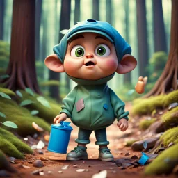 a very little Cute Figure, with cute face, collects trash in the forest, pixar, disney style