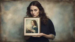 Droste effect, woman holding a painting showing a woman holding a painting showing a woman holding a painting showing a woman holding a painting, moody, grainy