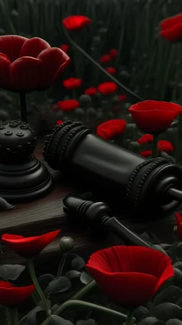 A wooden judge's gavel engraved with Tatiana's name. Next to a black pistol and two black leather gloves. Placed in a field filled with red poppies.. Dark garden background. Dark garden background cinematic.