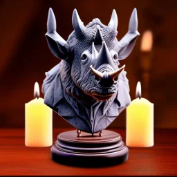 rhino, bust of luna aurora divine, ancient, magic,on dark wooden table with drinking glass,compass,brilliance, candle