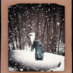 cryptid creain the snow polaroid vintage style realistic