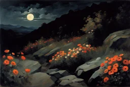 Landscape with night, mountains, flowers, rocks, winslow homer paintings