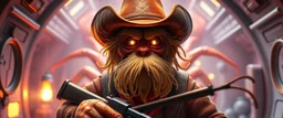 air brush 3d with pen outline,spaghetti boss gunslinger western fluffy elder edgy hero with slightly glowing eyes in front of glistening space lobster dog, shallow depth of field, warm lantern, pin hole cam in doll house space ship, bottom floor board edge border