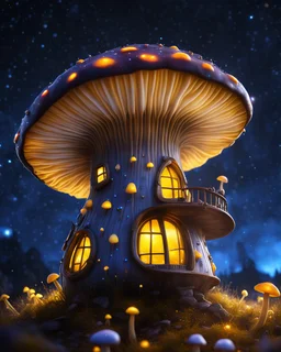 An illogically floating mushroom house on a clear night. white yellow blue, Stars Dark cosmic interstellar. Detailed Matte Painting, deep color, fantastical, intricate detail, splash screen, hyperdetailed, insane depth, concept art, 8k resolution, trending on Artstation, Unreal Engine 5, color depth, backlit, splash art, dramatic, High Quality Whimsical Fun Imaginative Bubbly, perfect composition