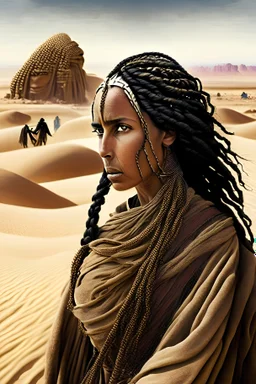 Lady with tow Twisted braids in desert Behind her are two Bedouin guards