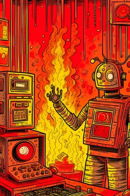 Fire starts in a radio studio, there are two characters, a metal fan radio host who continues the show, the robot sets fire.