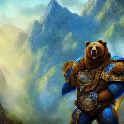 An angry bear warrior in blue and gold armor, background of Inka jungle, high detail, smooth, realistic, digital illustration, Artstation, artgerm,