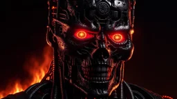 Terminator, 4k full detail, realistic, émission radio hardrock pentagram firestarter tribute to Black sabbath flammes en fond