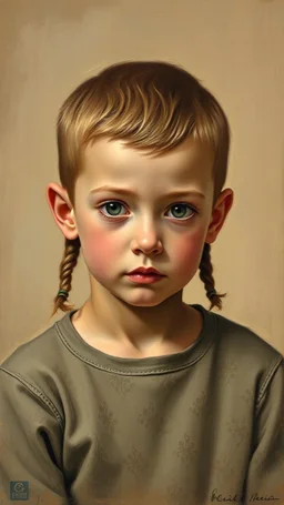 grant wood painting style , a portrait of an orphan light brown colored