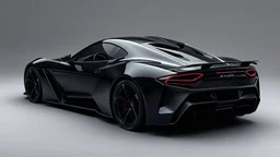 "Design a sleek, futuristic sports car with aggressive X-shaped headlight covers, a wide stance, and low profile. The car features a glossy black paint job with subtle metallic flakes, emphasizing its sharp lines and angular design. Include a wide body kit, carbon fiber accents, and deep-dish alloy wheels. The rear boasts a large diffuser and quad exhaust tips, while the interior is decked out in black leather with red stitching, creating a menacing yet luxurious vibe."